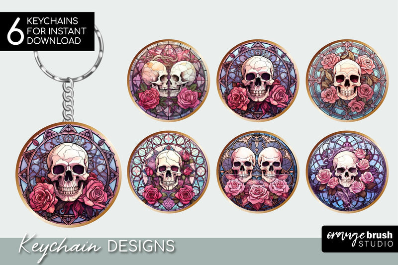 Skull Halloween Keychain Sublimation Stained Glass Style Sublimation OrangeBrushStudio 