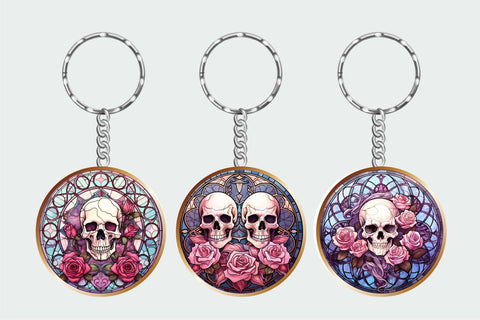 Skull Halloween Keychain Sublimation Stained Glass Style Sublimation OrangeBrushStudio 