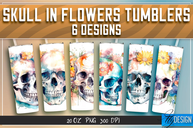 Skull in Flowers Tumblers Bundle Wrap 20 oz v.1 Sublimation Fly Design 