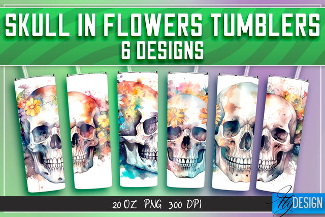 Skull in Flowers Tumblers Bundle Wrap 20 oz v.2 Sublimation Fly Design 