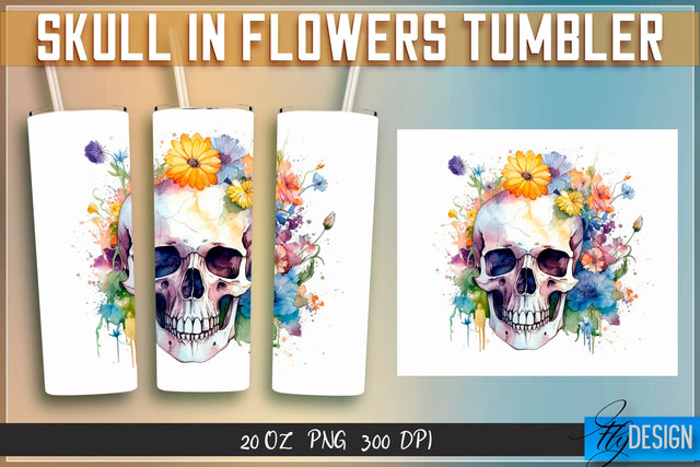 Skull in Flowers Tumblers Wrap 20 oz v.1 Sublimation Fly Design 
