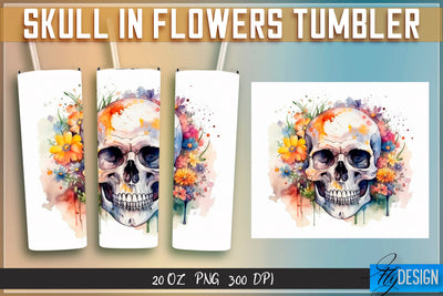 Skull in Flowers Tumblers Wrap 20 oz v.1 Sublimation Fly Design 