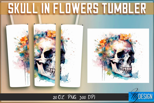 Skull in Flowers Tumblers Wrap 20 oz v.1 Sublimation Fly Design 