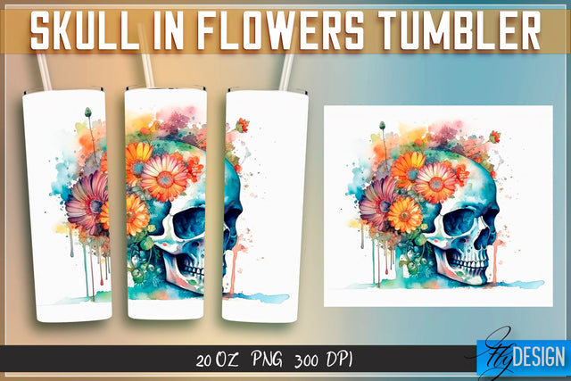 Skull in Flowers Tumblers Wrap 20 oz v.1 Sublimation Fly Design 