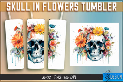 Skull in Flowers Tumblers Wrap 20 oz v.1 Sublimation Fly Design 