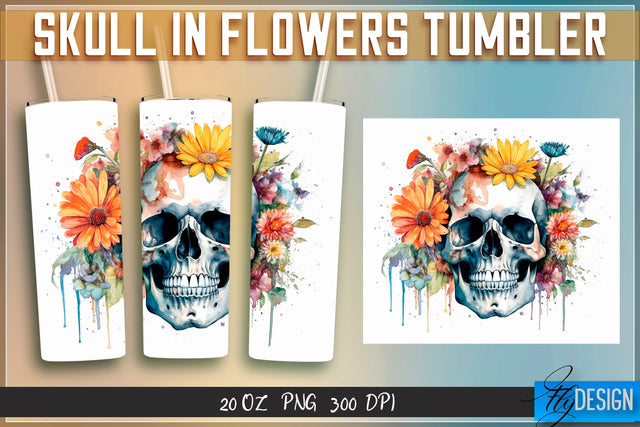 Skull in Flowers Tumblers Wrap 20 oz v.1 Sublimation Fly Design 