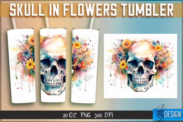 Skull in Flowers Tumblers Wrap 20 oz v.1 Sublimation Fly Design 