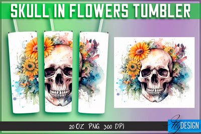 Skull in Flowers Tumblers Wrap 20 oz v.2 Sublimation Fly Design 