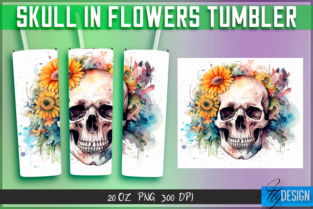 Skull in Flowers Tumblers Wrap 20 oz v.2 Sublimation Fly Design 