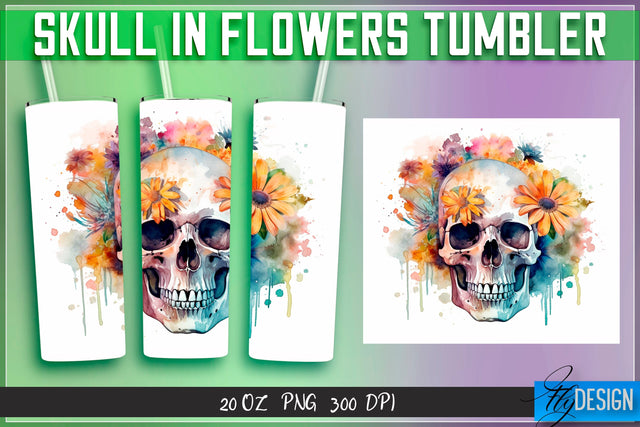 Skull in Flowers Tumblers Wrap 20 oz v.2 Sublimation Fly Design 