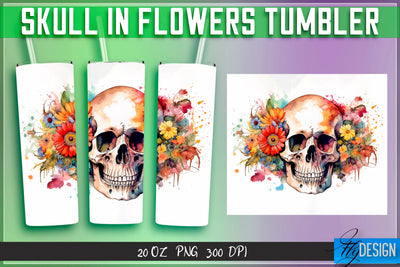 Skull in Flowers Tumblers Wrap 20 oz v.2 Sublimation Fly Design 