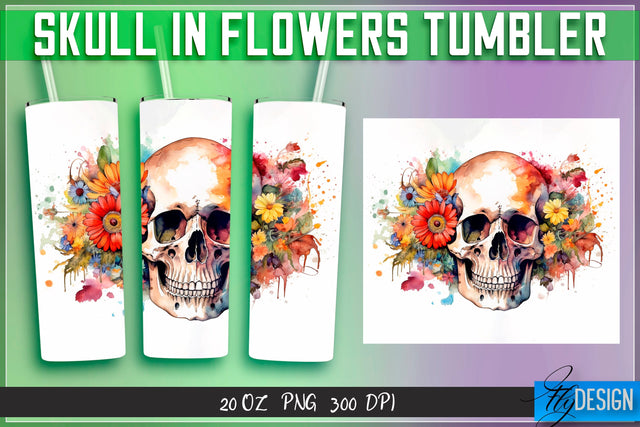 Skull in Flowers Tumblers Wrap 20 oz v.2 Sublimation Fly Design 