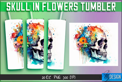 Skull in Flowers Tumblers Wrap 20 oz v.2 Sublimation Fly Design 