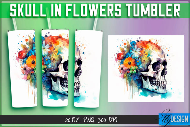 Skull in Flowers Tumblers Wrap 20 oz v.2 Sublimation Fly Design 