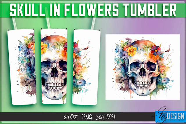 Skull in Flowers Tumblers Wrap 20 oz v.2 Sublimation Fly Design 