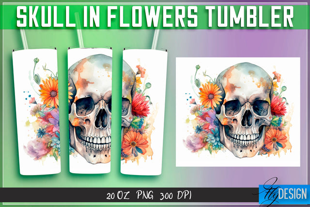 Skull in Flowers Tumblers Wrap 20 oz v.2 Sublimation Fly Design 