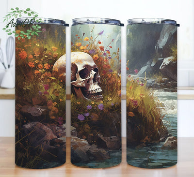 Skull Laying In Grass And Flowers 20oz Skinny Tumbler Png, Skull Flowers Tumbler, Floral Skull Tumbler Wrap, Skull Watercolor Tumbler Png Sublimation AdriOP 