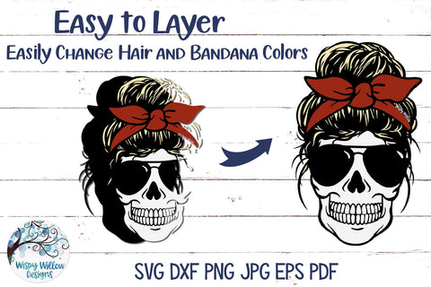 Skull Mom with Messy Bun SVG SVG Wispy Willow Designs 