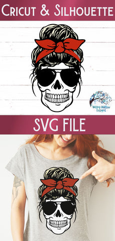 Skull Mom with Messy Bun SVG SVG Wispy Willow Designs 