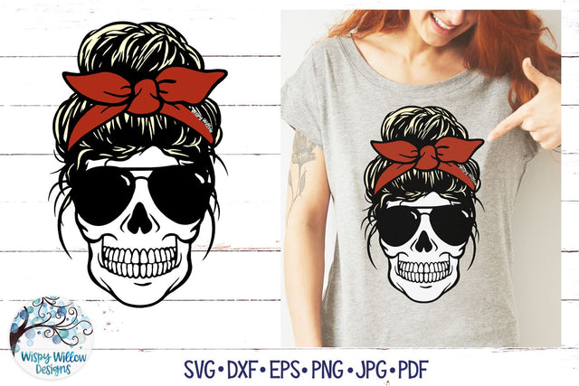 Skull Mom with Messy Bun SVG SVG Wispy Willow Designs 