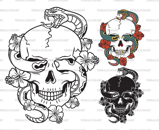 Skull Old School Tattoo with Snake SVG TribaliumArtSF 