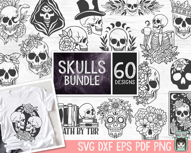 Skull SVG file Bundle, Floral Skull svg, Flower Skull svg, Skeleton Coffee svg, Skull book lover svg cut file, Halloween svg, Skull png file SVG Wild Pilot 