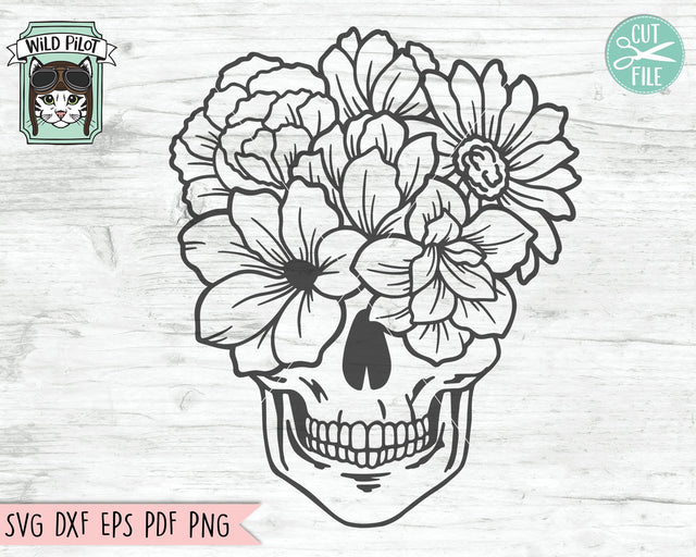 Skull svg file, Flower Skull svg, Skull cut file, Floral Skull svg file, halloween, gothic, skull with flowers svg file, witchy svg files SVG Wild Pilot 