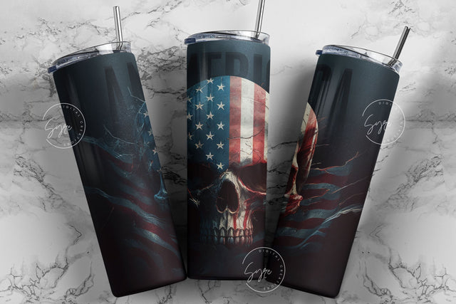 Skull Tumbler, American flag USA, 4th July, 20oz Skinny Tumbler Seamless Sublimation, Patriotic Tumbler Wrap, Gift for Dad Father Sublimation Syre Digital Creations 