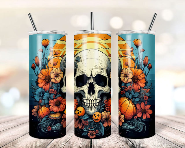 Skull wildflowers and pumpkins Tumbler Png,Halloween Sublimation Design Download, 20oz Skinny Tumbler PNG Sublimation TrendingDesign 