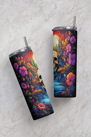 Skull Wildflowers and Water Fall 20oz Skinny Tumbler PNG, Halloween skull Sublimation Design Download, Coffee Tumbler Sublimation CaldwellArt 