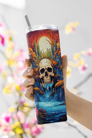 Skull Wildflowers and Water Fall 20oz Skinny Tumbler PNG, Halloween skull Sublimation Design Download, Coffee Tumbler Sublimation CaldwellArt 