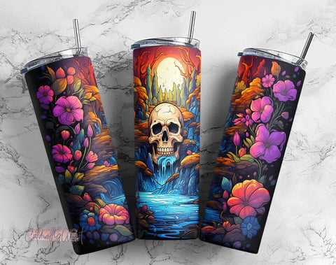 Skull Wildflowers and Water Fall 20oz Skinny Tumbler PNG, Halloween skull Sublimation Design Download, Coffee Tumbler Sublimation CaldwellArt 