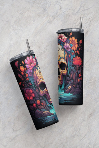 Skull Wildflowers and Water Fall 20oz Skinny Tumbler PNG, Sublimation Design Download, Coffee Tumbler Sublimation CaldwellArt 