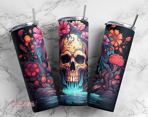 Skull Wildflowers and Water Fall 20oz Skinny Tumbler PNG, Sublimation Design Download, Coffee Tumbler Sublimation CaldwellArt 