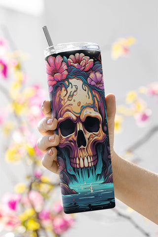Skull Wildflowers and Water Fall 20oz Skinny Tumbler PNG, Sublimation Design Download, Coffee Tumbler Sublimation CaldwellArt 