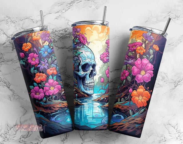 Skull Wildflowers and Water Fall 20oz Skinny Tumbler PNG, Sublimation Design Download, Skinny Tumbler PNG, Coffee Tumbler Sublimation CaldwellArt 