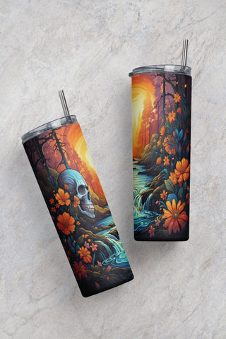 Skull Wildflowers and Water Fall Tumbler PNG, 20oz Skinny Tumbler PNG, Sublimation Design Download, Coffee Tumbler Sublimation CaldwellArt 