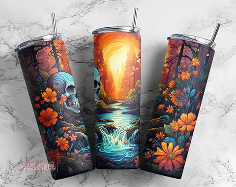 Skull Wildflowers and Water Fall Tumbler PNG, 20oz Skinny Tumbler PNG, Sublimation Design Download, Coffee Tumbler Sublimation CaldwellArt 