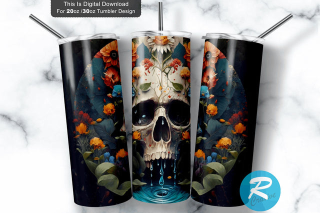 Skull Wildflowers Water 20 oz / 30 oz Tumbler PNG Sublimation Regulrcrative 