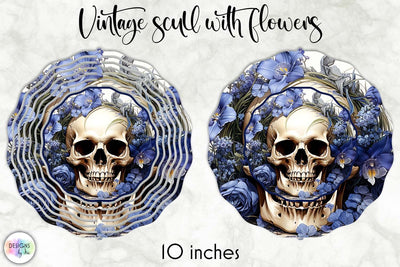 Skull with Blue Iris Flowers Vintage Wind Spinner Sublimation Designs by Ira 