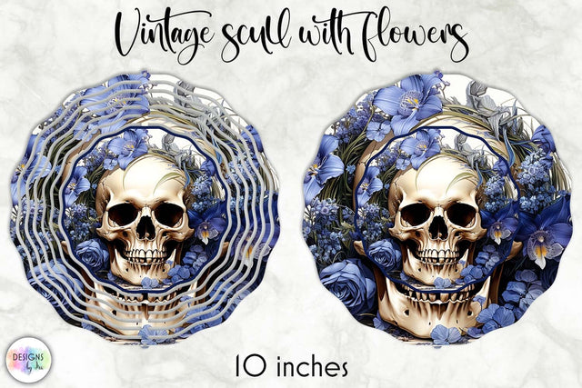 Skull with Blue Iris Flowers Vintage Wind Spinner Sublimation Designs by Ira 