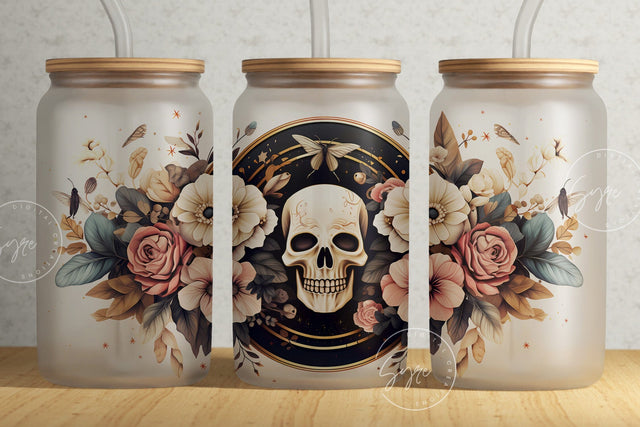 Skull With Butterfly Glass Can Wrap Png, 16 oz Libbey Glass Jar Sublimation, Sugar Skull Png, Coffee Cup, Skull Glass Seamless Wrap, Digital Sublimation Syre Digital Creations 