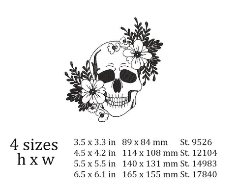 Skull with flowers embroidery design, Halloween embroidery design embroidery, 4 sizes, instant download. Embroidery/Applique DESIGNS ArtEMByNatalia 