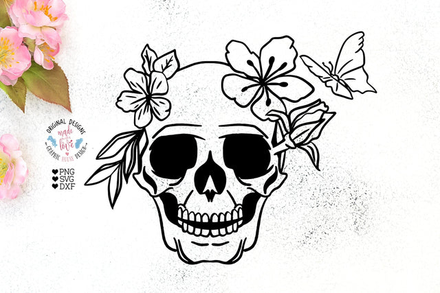 Skull with Flowers - Skull Cut File and Sublimation SVG Graphic House Design 