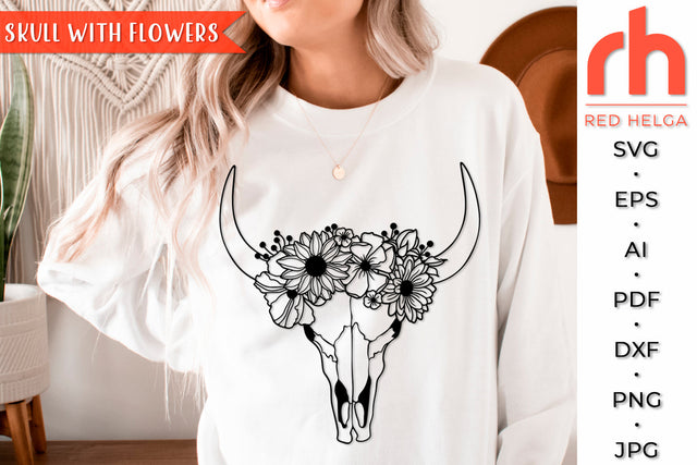 Skull with Flowers SVG - Floral Cow Cut File SVG RedHelgaArt 