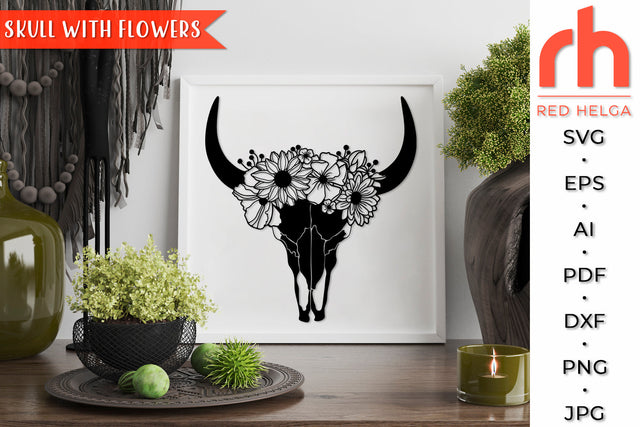 Skull with Flowers SVG - Floral Cow Cut File SVG RedHelgaArt 