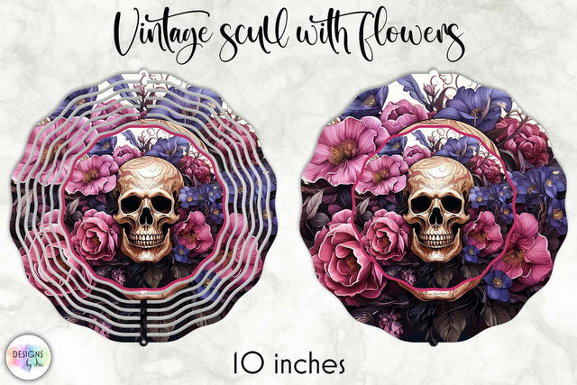 Skull with Pink Roses Vintage Wind Spinner Sublimation Designs by Ira 