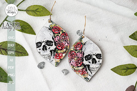 Skull With Roses Laser SVG For Earrings Skull With Flowers For Laser Earrings With Skull For Making Earrings Floral Skull SVG For Laser SVG Diva Watts Designs 