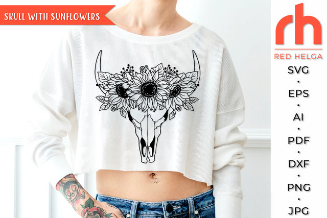 Skull with Sunflowers SVG - Floral Cow Cut File SVG RedHelgaArt 