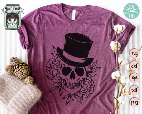 Skull with Top Hat Flowers svg file, Floral Skull with Hat svg, Skull cut file, Tophat Skull svg file, halloween svg, Steampunk svg, gothic svg, witchy svg SVG Wild Pilot 